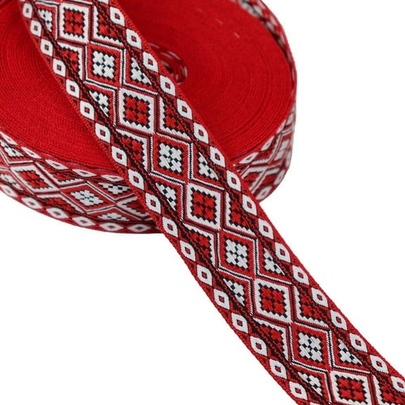 Red White Jacquard Ribbon Vintage Embroidered Trim, 10 Yards