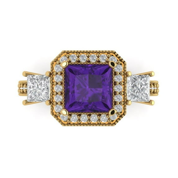 3.005 ct Princess Cut Natural Amethyst Three-Stone Engagement Ring for Women in 14K Yellow Gold