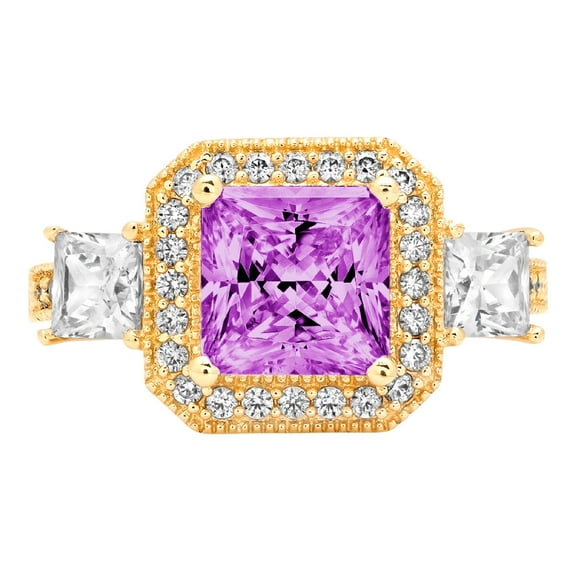 3.005 ct Princess Cut Simulated Alexandrite 3 Stone 18K Yellow Gold Womens Engagement Ring