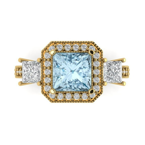 3.005 ctw 3 Stone Anniversary Ring for Women | Princess Cut Simulated Blue Diamond | Hyperallergenic Solid 14K Yellow Gold