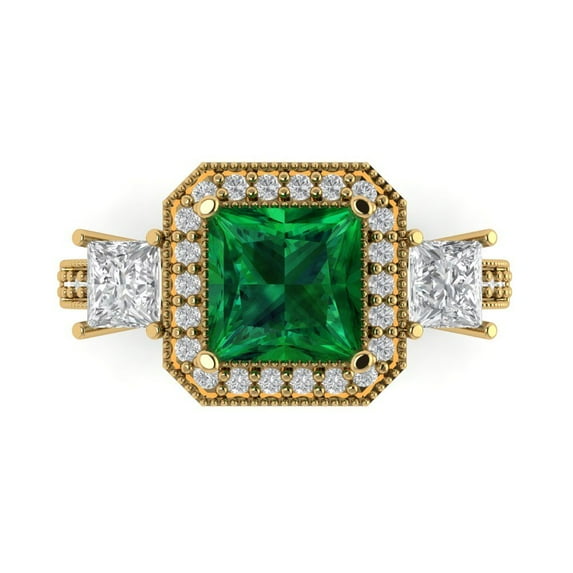3.005 ctw 3 Stone Anniversary Ring for Women | Princess Cut Simulated Emerald | Hyperallergenic Solid 18K Yellow Gold