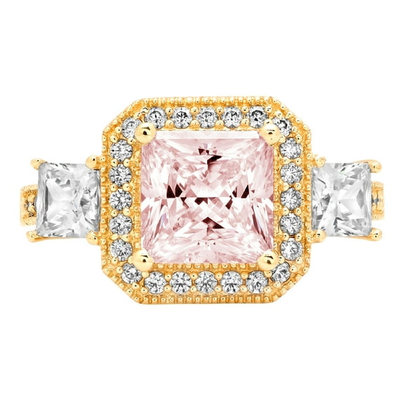 3.005 ct Princess Cut Simulated Pink Diamond 3 Stone 18K Yellow Gold Womens Engagement Ring