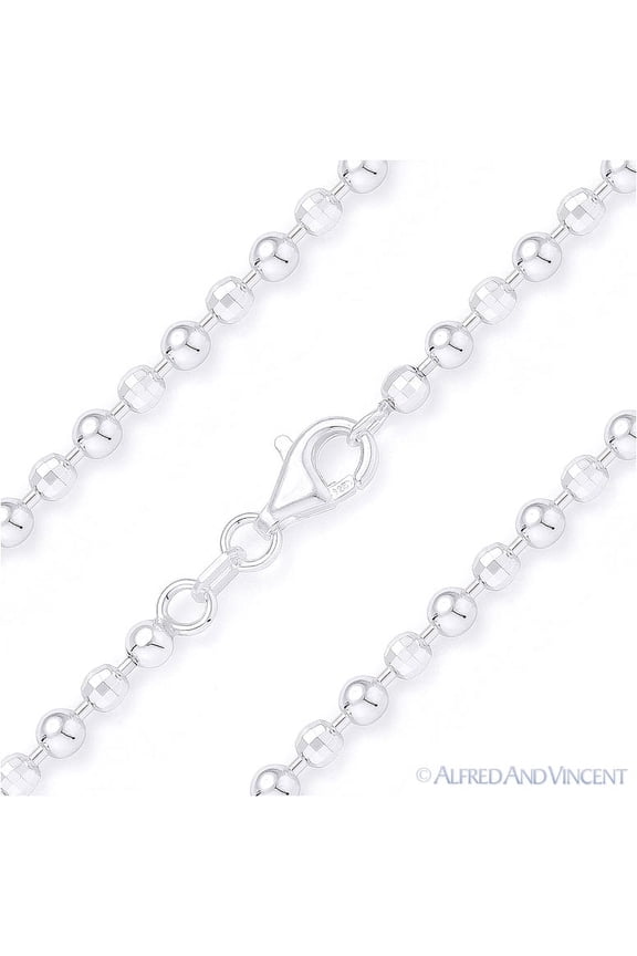 3.1mm Ball & Faceted D-Cut Bead Link Chain Necklace in 925 Sterling Silver & Rhodium
