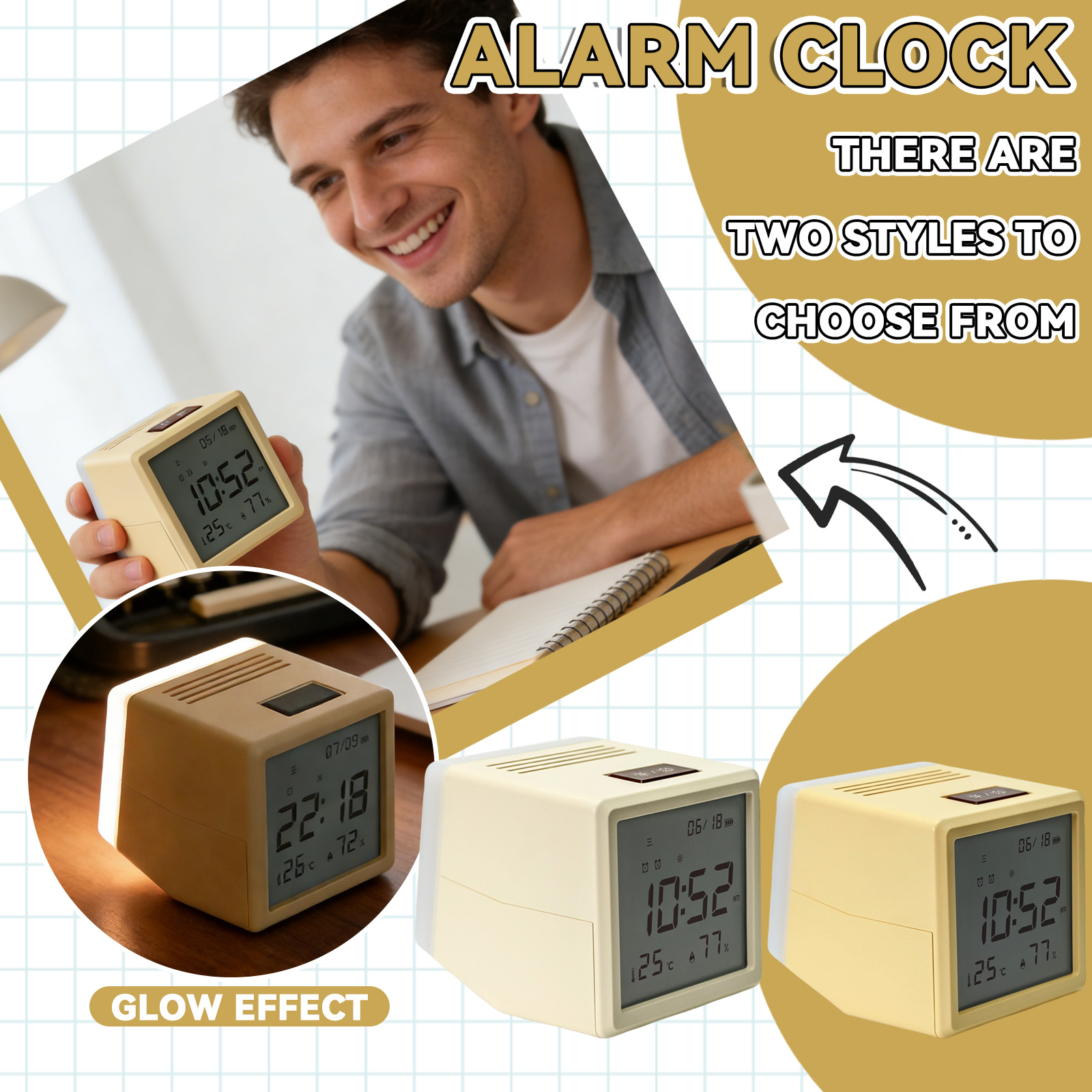 3.2"×3.7"×3.3" Digital Alarm Clock with Backlight, Portable Solid ...