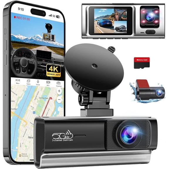 3  2.5K  Cam with 5GHz WiFi & APP Control, 2.5K+1080P+1080P Front Inside and Rear, Triple  Camera with SD Card, 24 Hours Parking Mode, Loop Recording, Night Vision