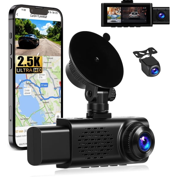 3  2.5K  Cam with WiFi & APP Control, 2.5K+1080P+1080P Front Inside and Rear, Triple  Camera with G-Sensor, 24 Hours Parking Mode, Loop Recording, Night Vision
