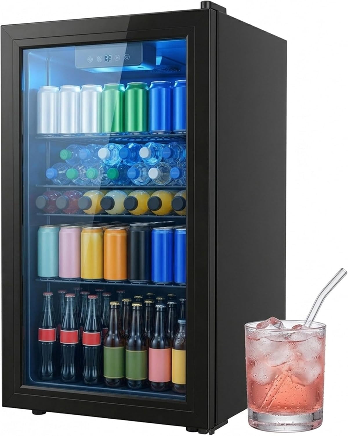 3.2 Cu.Ft Mini Beverage Refrigerator, 130 Can Glass Door Cooler for Drinks, Soda, Beer & Wine, Compact Fridge for Bedroom, Office, Home Bar, Black