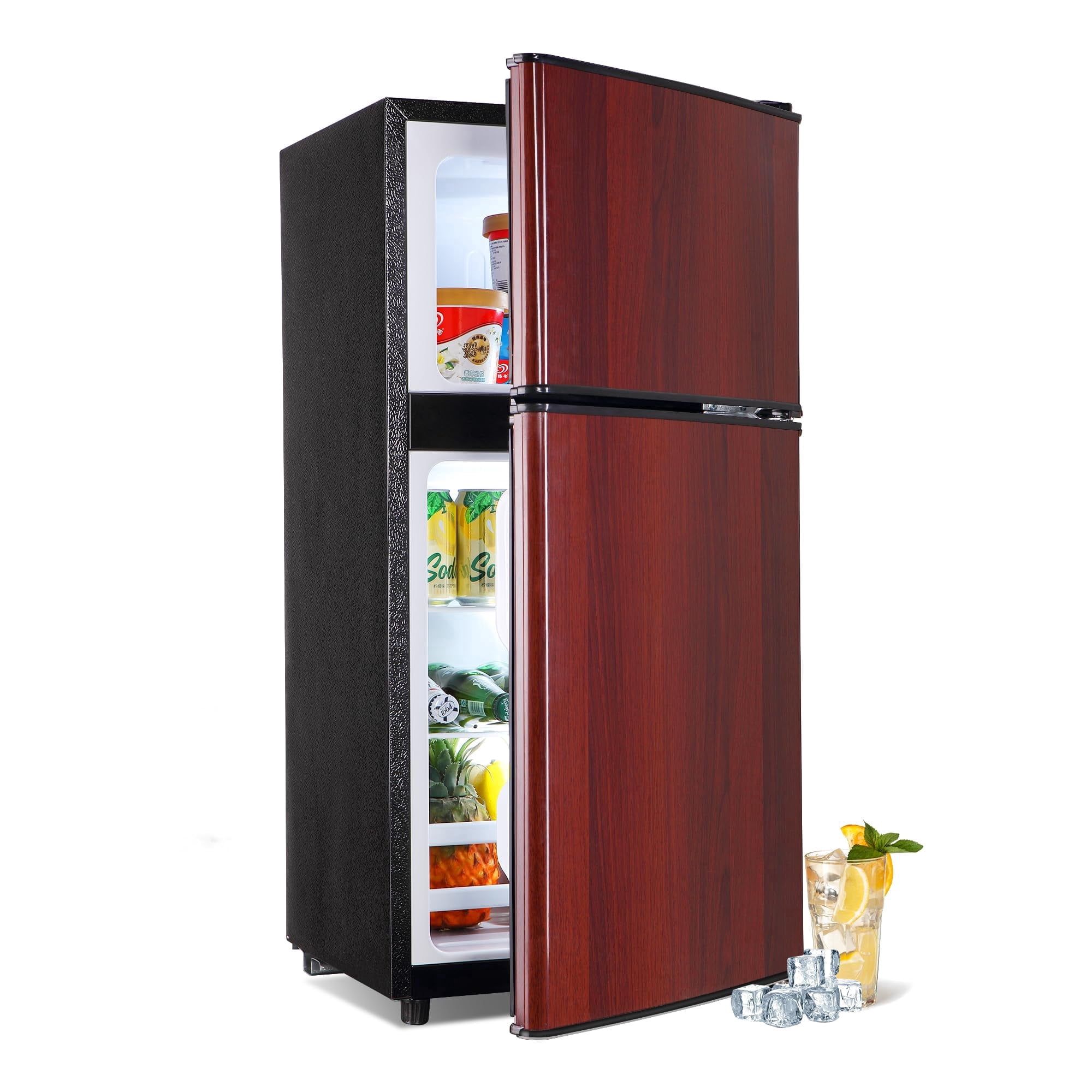 3.2 Cu.Ft Mini Fridge with Freezer, Adjustable Thermostat Removable Glass Shelves, Quiet Energy Saving Apartment Size for Dorm Office Kitchen, Wood