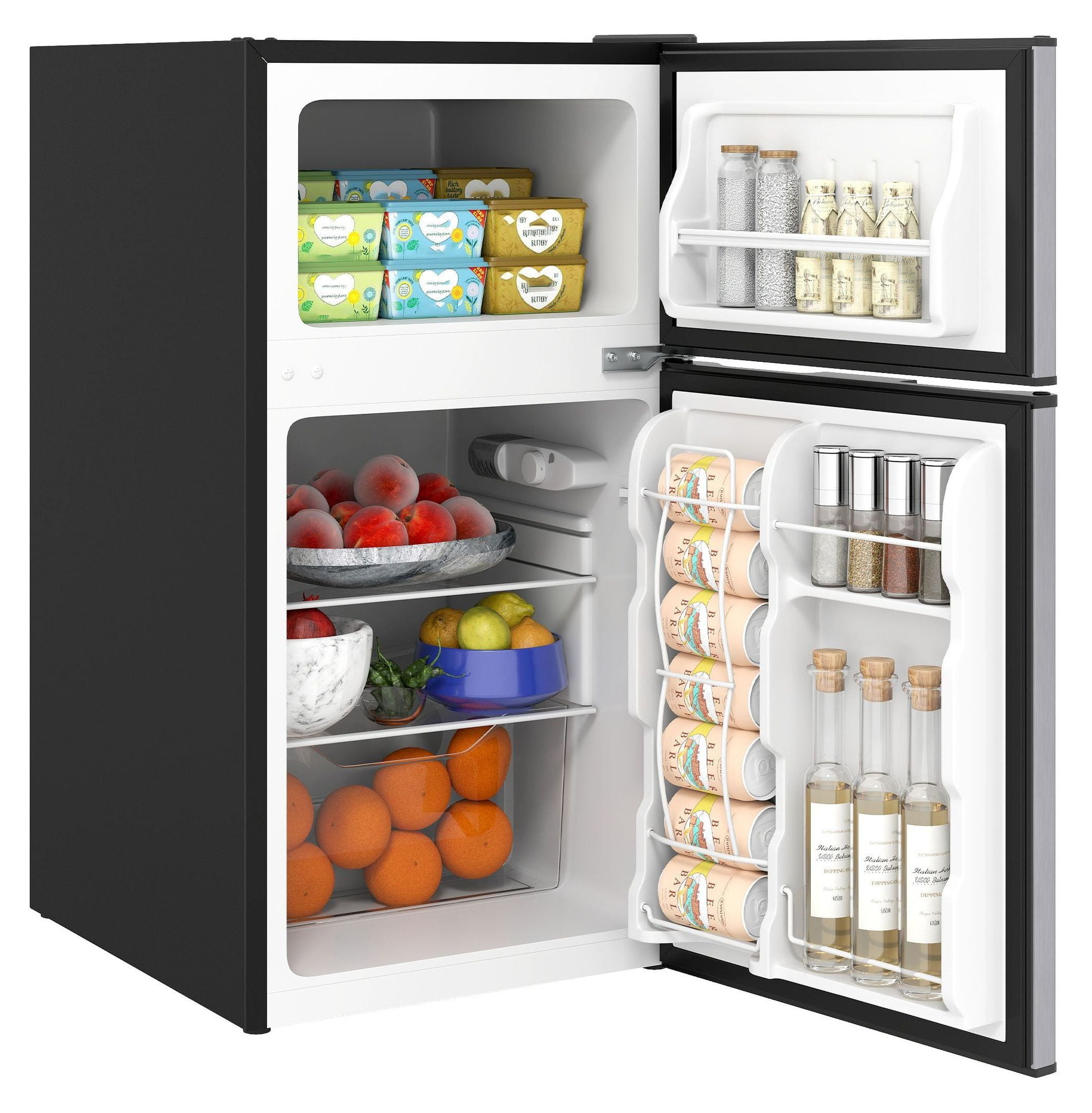 3.2 Cu.Ft Mini Fridge with Freezer - Double Door Refrigerator Adjustable Thermostat Reversible Door Black - Dorm, Apartment, Bedroom