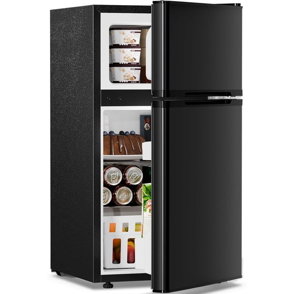 3.2 Cu.Ft, Mini Refrigerator with Freezer, Double Door Mini Fridge, Compact Refrigerator, Adjustable Thermostat, Mini Refrigerator for Bedroom/Office/Dorm/Kitchen (BLACK)