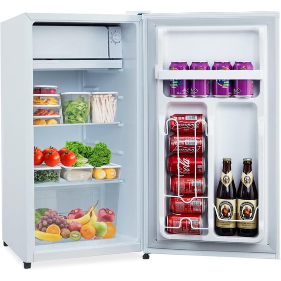 3.2 Cu.Ft Single Door Mini Refrigerator with Freezer, Compact Refrigerator with 7 Level Adjustable Thermostat, Low Noise, Reversible Door for Dorms, Offices, RVs, White