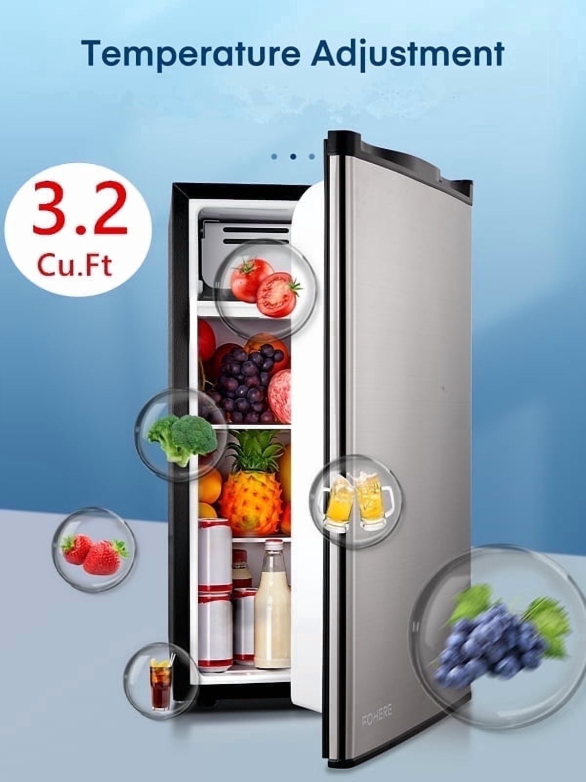 3.2 Cu.ft Mini Refrigerator with 7 Temp Control, FOHERE Compact Fridge with Freezer, Low Noise, Stainless Steel