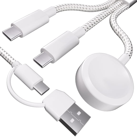 3 in 2 Fast Charger Cable, All in One Combo Thick Braided USB C (USB A) Travel Multi Device Charging Cord, Compatible with Apple Watch Ultra SE Series1-11, for iPhone 15-17, 4FT/1.2M-Starlight