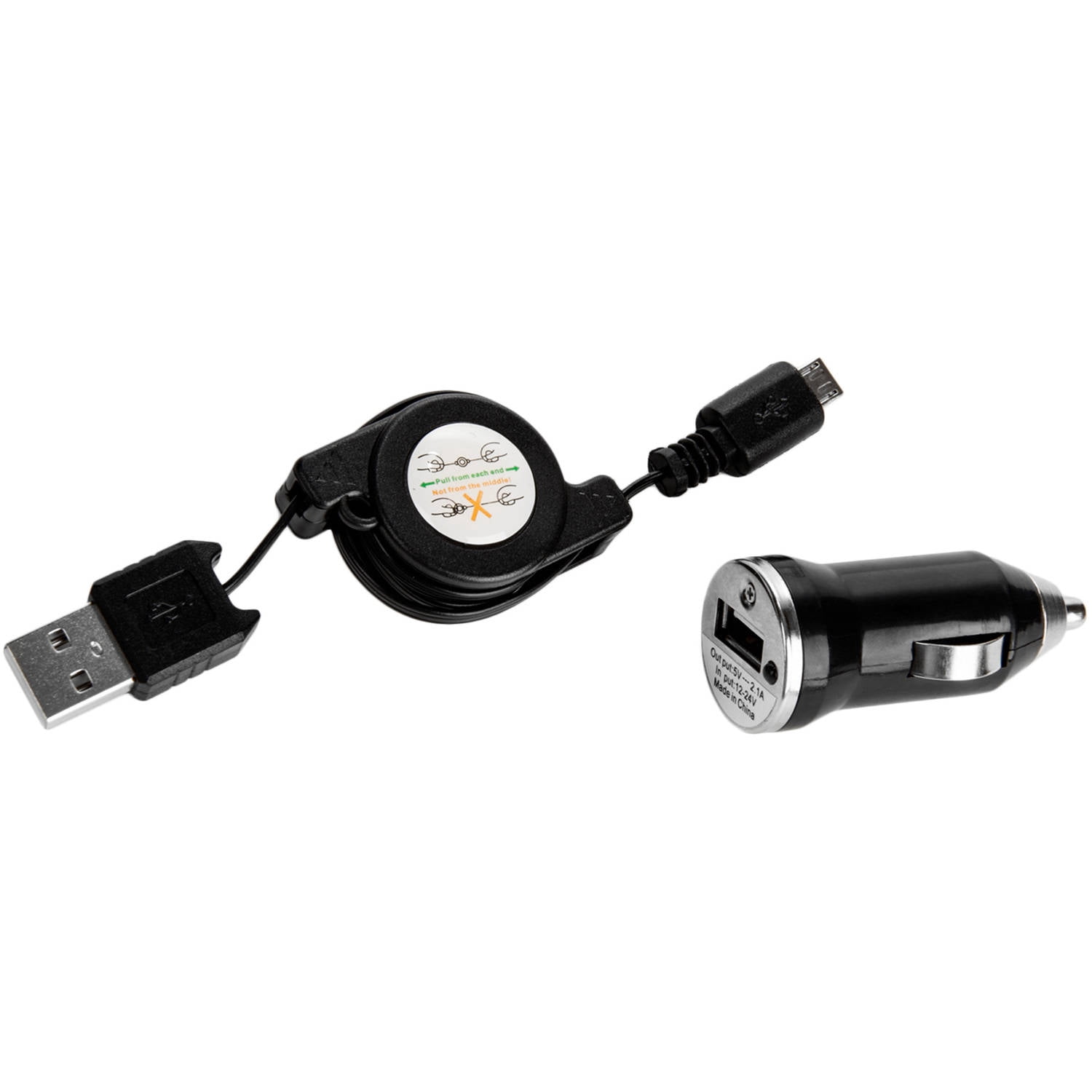 3.2 Feet Retractable 2.1A mini USB Car Syncer with Micro USB (Black)