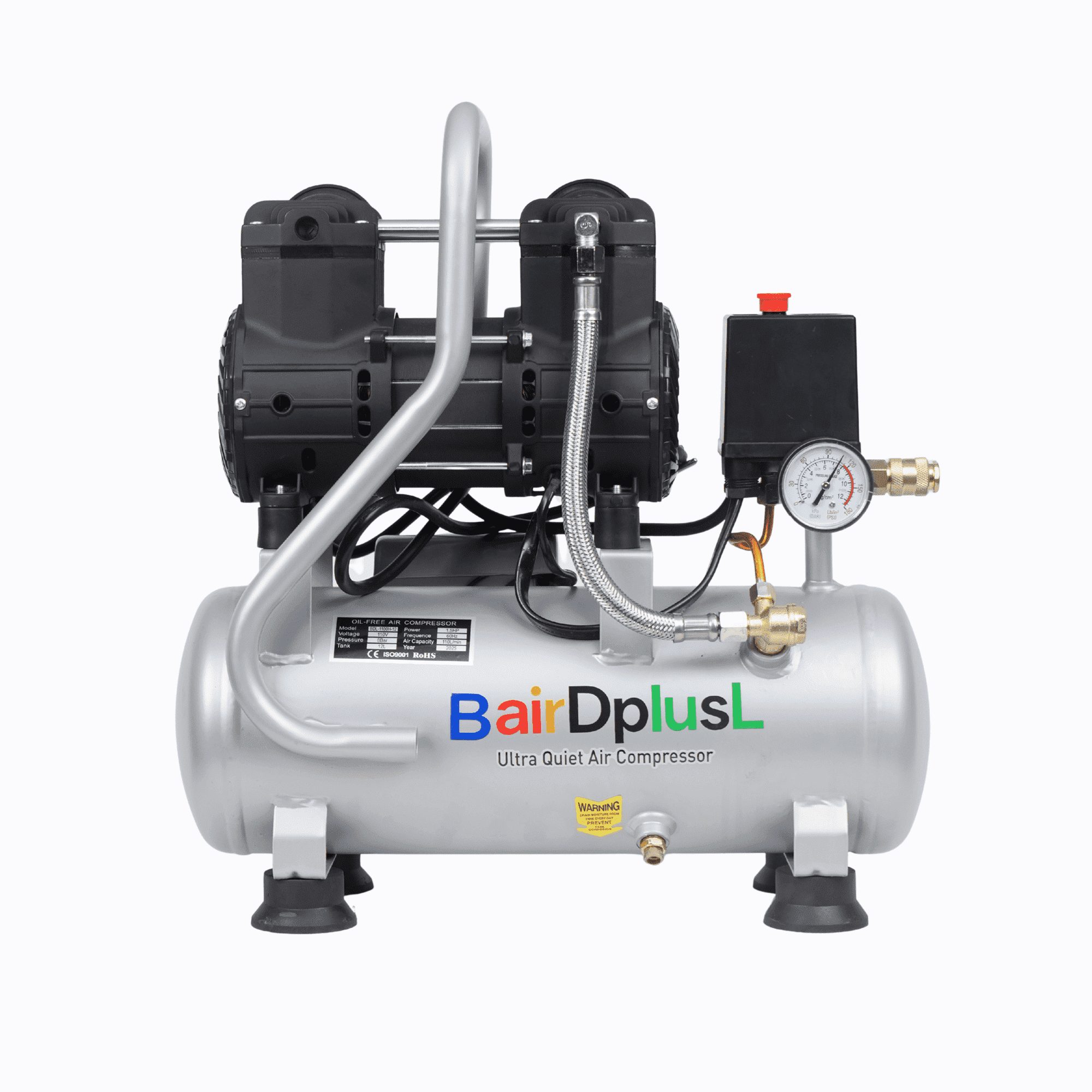 3.2 Gallon Ultra Quiet Air Compressor 110V/60Hz 1.5HP 8.8CFM, MAX 115PSI Steel Tanks Oil-Free 70dB Noise Level Light & Quiet Portable Air Compressor with Wheels for Auto Repair