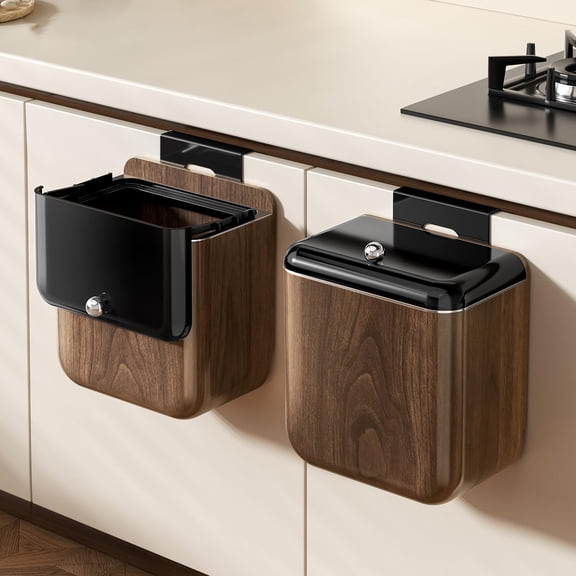 3.2 Gallon Walnut Color Wall-Mounted Trash Can for Kitchen, Bathroom, Office