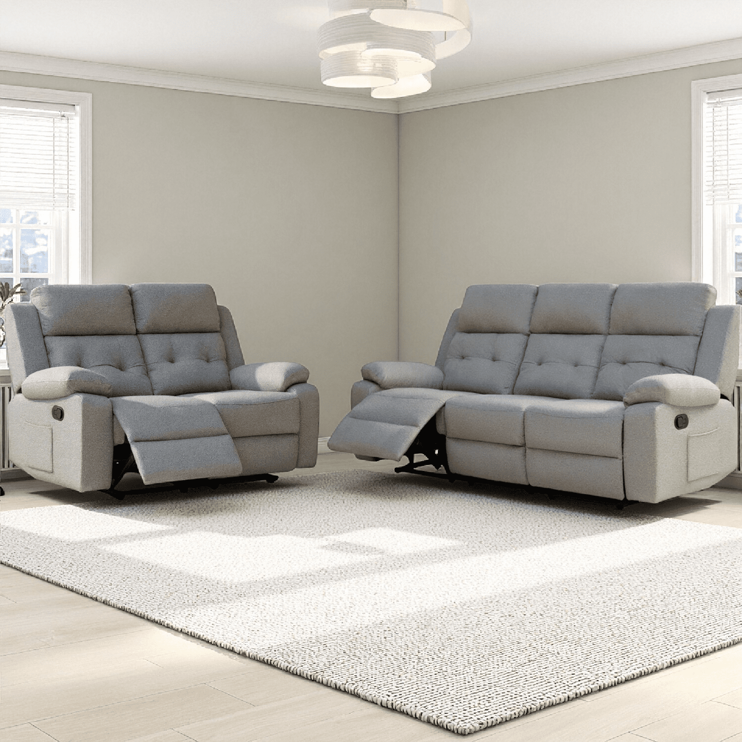 3+2 Gray Manual Reclining Sofa Set with 3 Seater Couch and 2 Seater ...