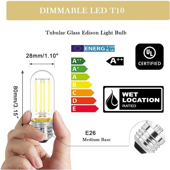 3.2 Inch 5000K Daylight White E26 LED Bulb 60 Watt Equal, AC 120V 600LM Edison Bulbs Dimmable, 6W T10 T30 Filament Light Bulbs Clear Glass for Fan Pendant Wall Light, UL Certified-4 Pack