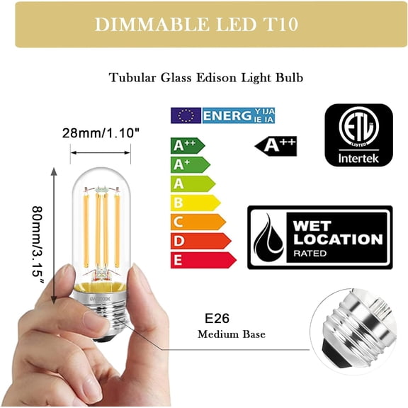 3.2 Inch E26 LED Bulb 60 Watt Equivalent, 3000K Warm White Edison Bulbs Dimmable, AC 120V 600LM T10/T9 Clear Glass Filament Light Bulbs for Pendant Wall Pipe Lights ETL Certified-4 Pack