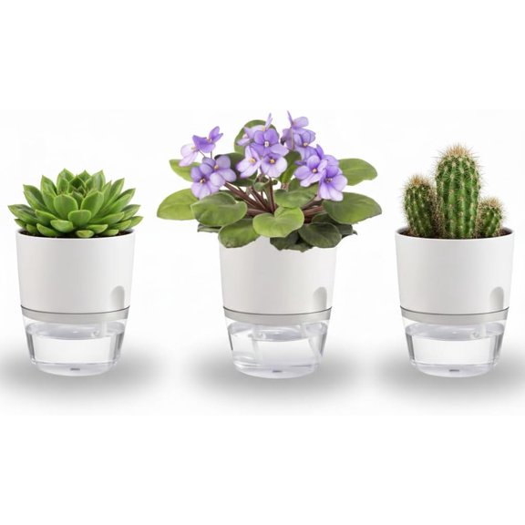 3.2 Inch Self Watering Planters Plastic Planter Pots 3 Pack Wicking Flower Pots Modern Decorative Planter for Small African Violets House Plants,Herbs,Indoor Outdoor Plant (White)