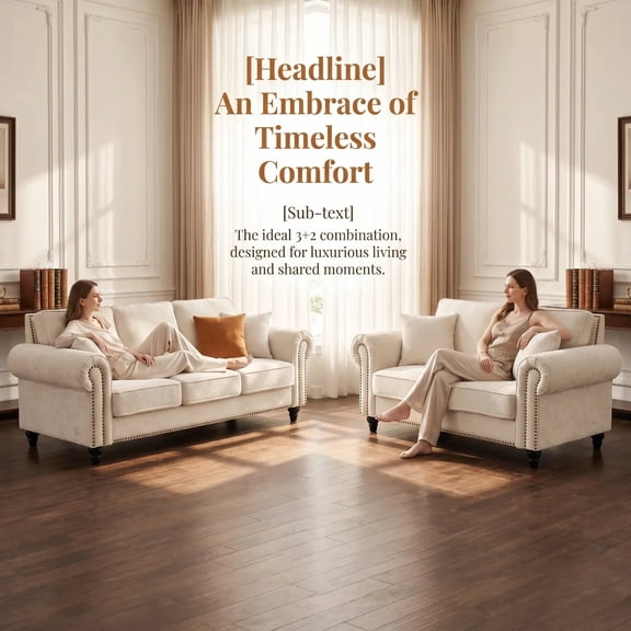 3 2 Modern Seater Sofa Set with Rolled Arms, Chenille Upholstered Couch and Loveseat Combo with Wood Legs and Nailhead Trim, Beige Living Room Furniture Set for Apartment and Family Room