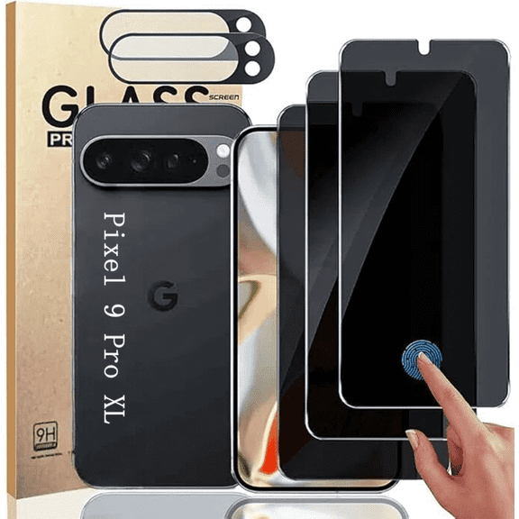 3+2 Pack Privacy Screen Protector And Camera Lens Protection for Google Pixel 9 Pro XL, Anti-Spy 9H Hardness Support Fingerprint Unlock Tempered Glass Screen Protector for Google Pixel 9 Pro XL
