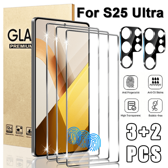 3+2 Package Suitable For Galaxy S25 Ultra Screen Protector, 3 Screen Protectors+2 Camera Protectors, Fingerprint Id Support, 9H Hardness, Scratch Resistant, High-Definition And Clear