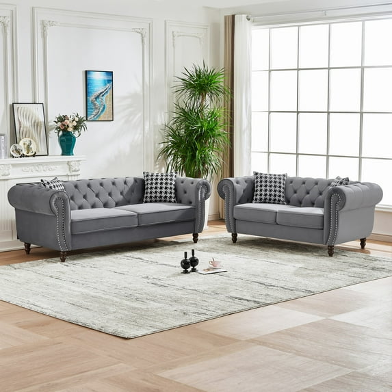 3+2 Seater Chesterfield velvet upholstery fabric Sofa with Roll Armrest & Nailhead,Upholstered Mid Century Modern Couch,3 Seater & 2 Seater Couch for Living Room, Office, Apartment, Gray