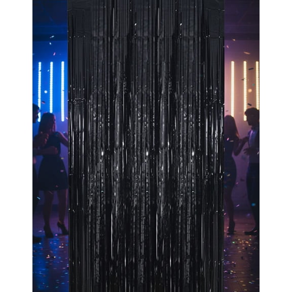 3.2 ft x 9.8 ft Black Photo Backdrop Party Streamers for Halloween,Birthday Party,1 Pack Black Metallic Tinsel Foil Fringe Curtains Party Decorations Wedding Decor