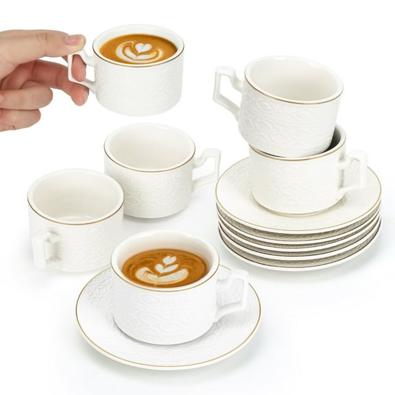 3.2 oz Espresso Cups Set of 6White Tea Cups , Fine Porcelain White Cappuccino Cup Set with Golden Trim Design, Dishwasher Safe, Christmas Gifts