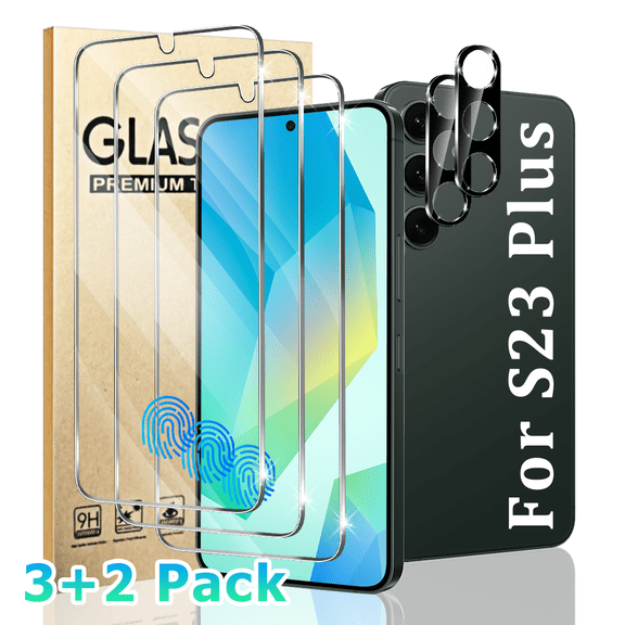 [3+2 packs] Galaxy S23 Plus screen protector with camera lens protector, 9H hardness, scratch resistant, suitable for Samsung Galaxy S23 Plus tempered glass screen protector.