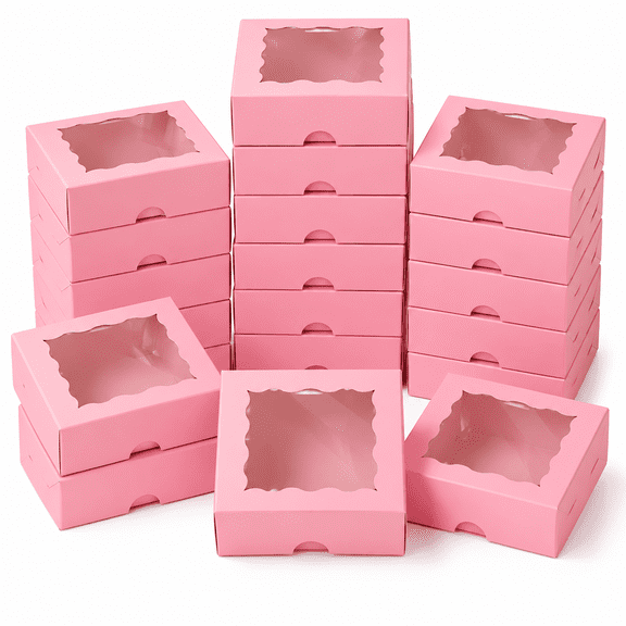 3.2" x 3.2" x 1.5" Chocolate Truffle Pink Boxes for 4, Cookies Boxes Soap Boxes Donut Boxes Macaron Boxes Mini Bakery Boxes with Window Brownie Box