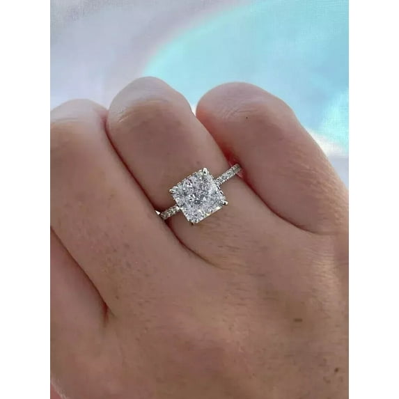 3.20 CT Cushion Cut Moissanite Hidden Halo Engagement Ring 14k White Gold Plated