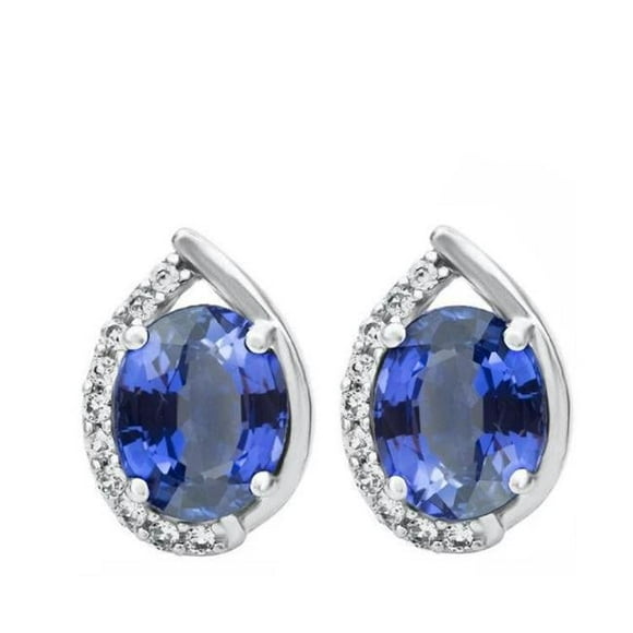 3.20 CT Oval Cut Ceylon Sapphire & Halo Diamond Stud Earrings, 14K White Gold
