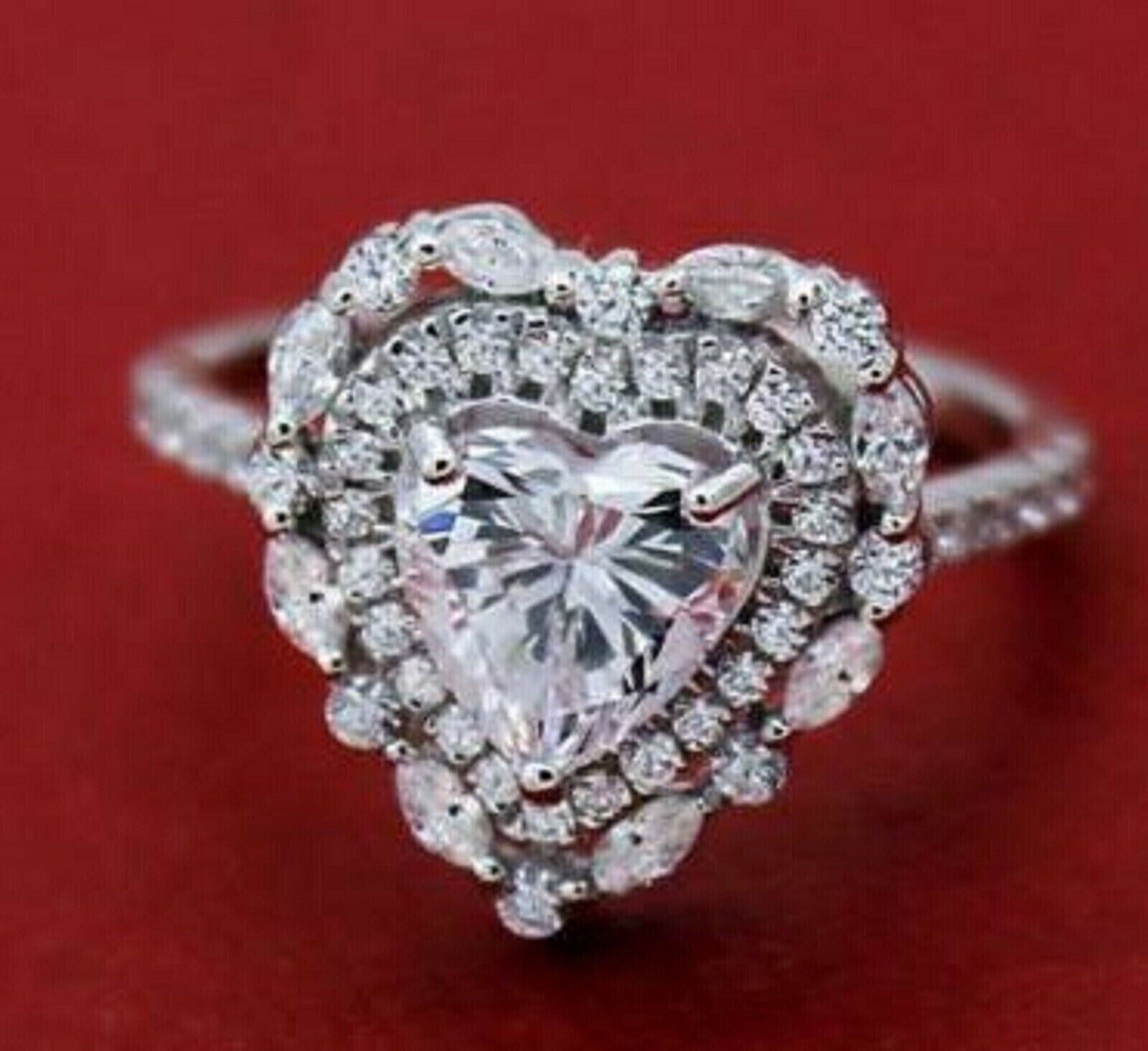 3.20 Ct Heart Cut Lab Created Diamond Halo Heart Engagement Ring 14K ...
