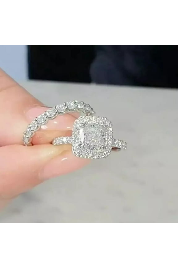 3.20Ct Cushion Cut Lab-Created Diamond Bridal Set Ring 14k White Gold Plated