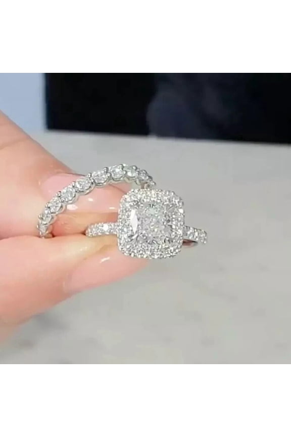 3.20Ct Cushion Cut Lab-Created Diamond Bridal Set Ring 14k White Gold Plated