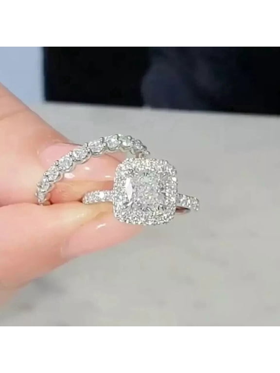 3.20Ct Cushion Cut Simulated Diamond Bridal Set Ring 14k White Gold Plated - Size 12