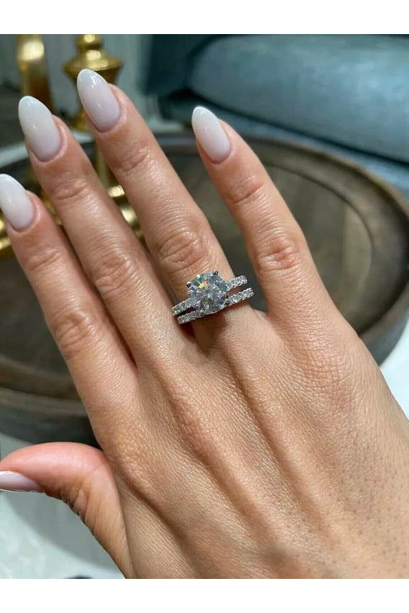 3.20Ct Round Cut Moissanite Bridal Set Engagement Ring 14K White Gold Plated