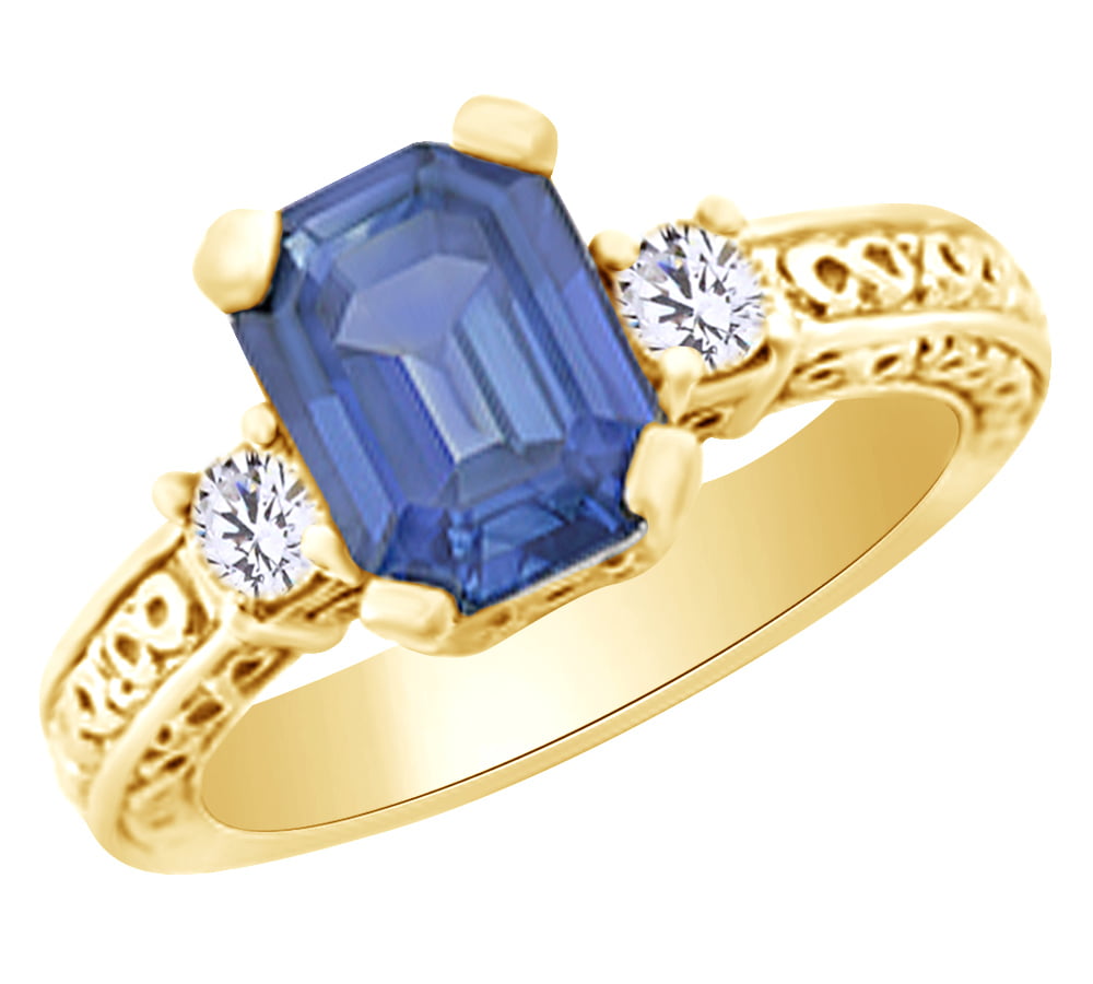 2 Ct Emerald Cut Blue Sapphire & Round Diamond Three-Stone Promise Rin –  atjewels.in