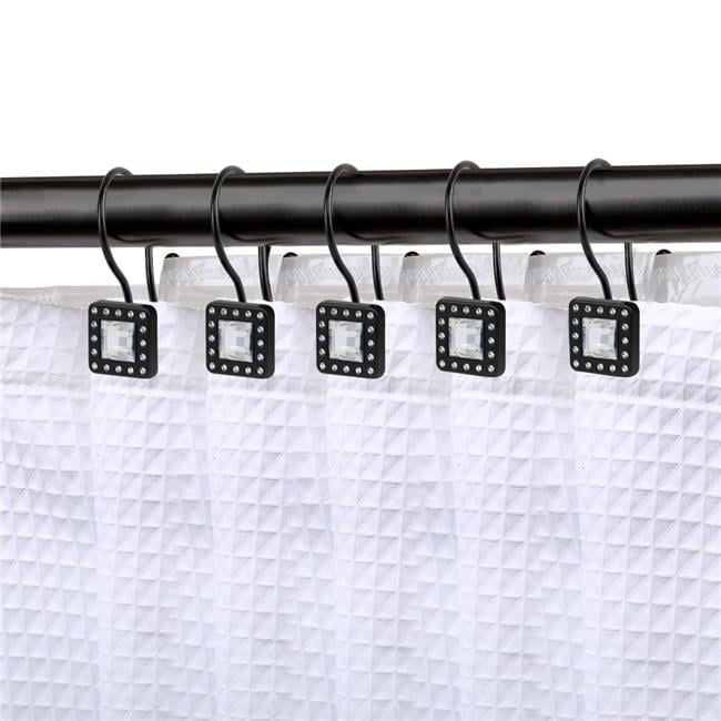 3.22 x 2.65 in. Crystal Design Double Shower Curtain Hooks for Bathroom, Rust Resistant Shower Curtain Hooks Rings, Matt Black - Set of 12