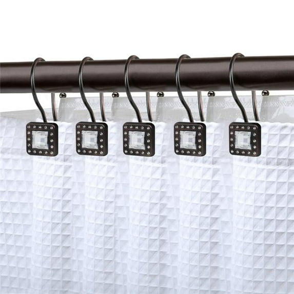 3.22 x 2.65 in. Crystal Design Double Shower Curtain Hooks for Bathroom, Rust Resistant Shower Curtain Hooks Rings, Oil Rubbed Bronze - Set of 12
