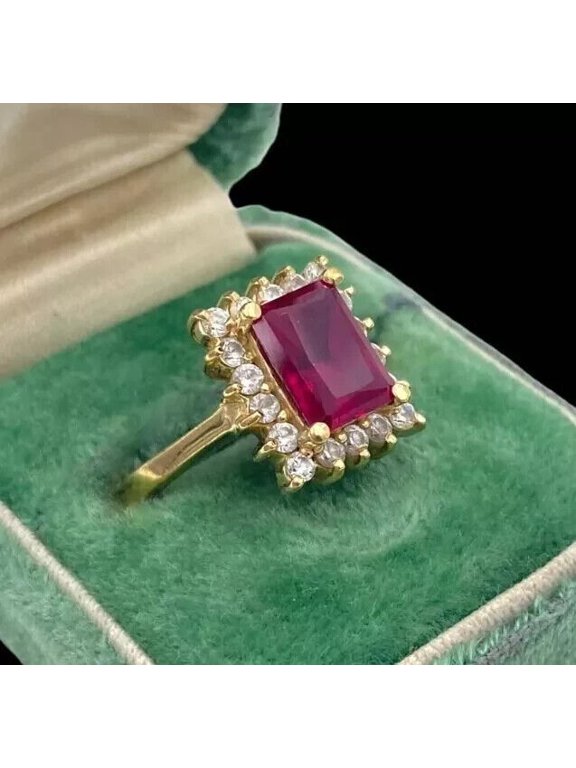 3.22Ct Emerald Cut Lab-Created Red Ruby Halo Anniversary Gift Ring 14K Yellow Gold Plated Silver