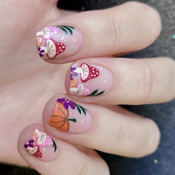 3. 24 Halloween Pumpkin Mushroom Designs Reusable Adhesive Faux Nails For Festive Celebrations