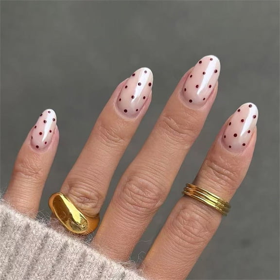 3. 24 Pieces Oval Glossy Coffee Dots & Gold Accents Daily Wear Artificial Nails for Women Party