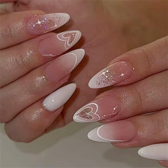 3. 24PCS Reusable Almond French Tip Nails Sparkling White Heart Glitter Design for Wedding