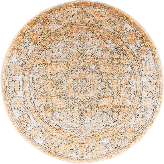 3.25' Beige and Orange Medallion Round Area Throw Rug