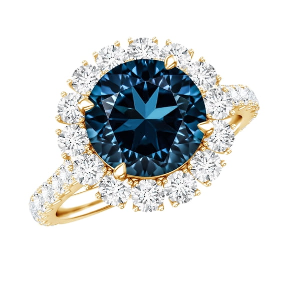 Rosec Jewels Natural London Blue Topaz Engagement Ring with Moissanite Halo (2 Carat, AAA Grade) - with Jewelry Box, 14K Yellow Gold, US 7.00