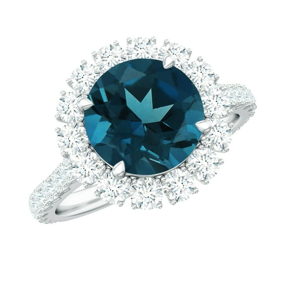 Rosec Jewels Natural London Blue Topaz Engagement Ring with Moissanite Halo (8 mm Round, AAA Grade) - with Jewelry Box, 925 Sterling Silver, US 6.00