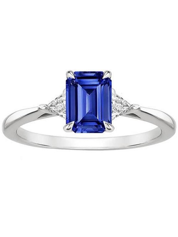 3.25 CT Trillion Diamond & Ceylon Sapphire Emerald 3 Stones Ring, Size 6.5